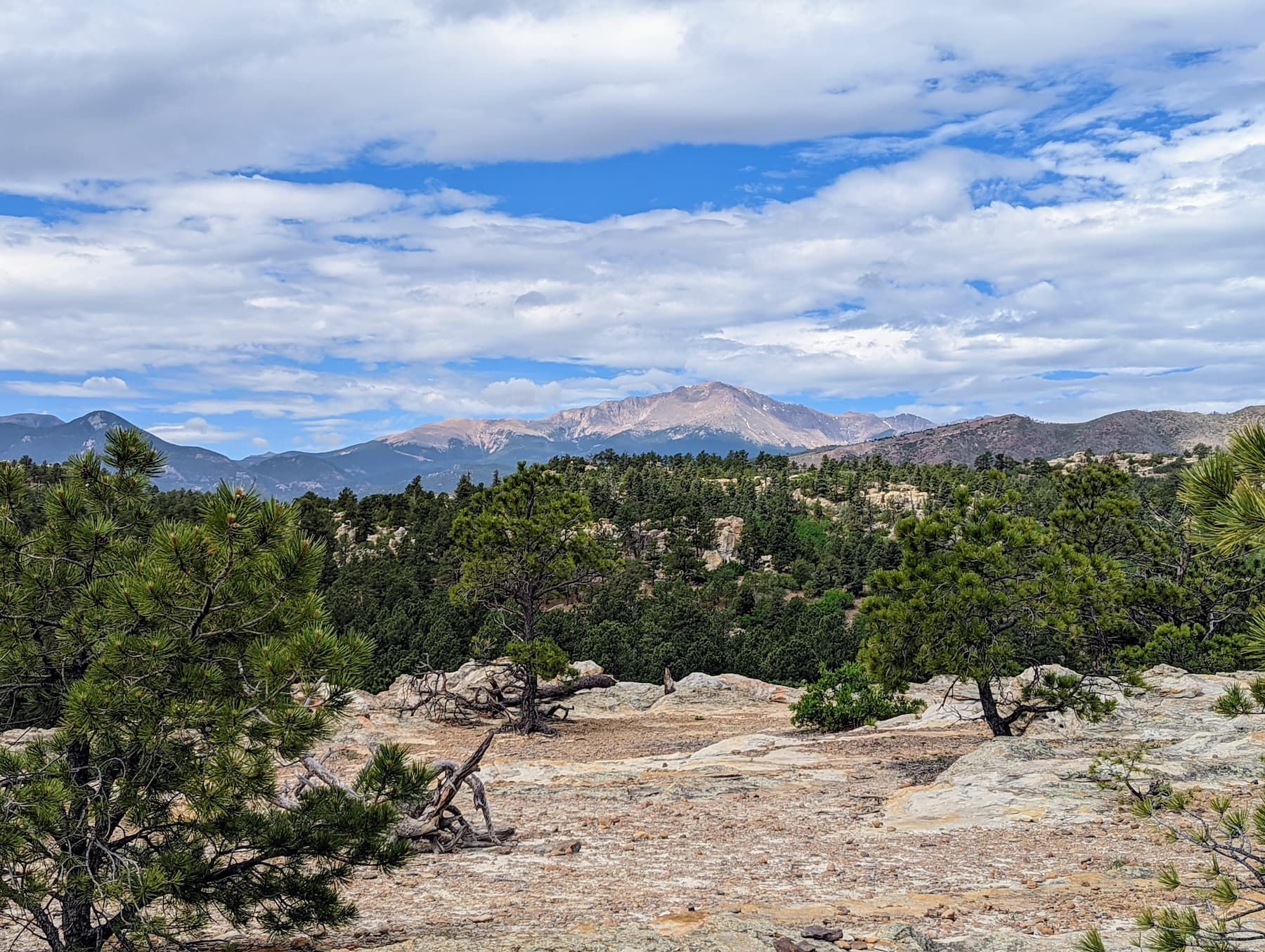 Ute Valley Park sandstone, pines, and Pikes Peak under a spring sky